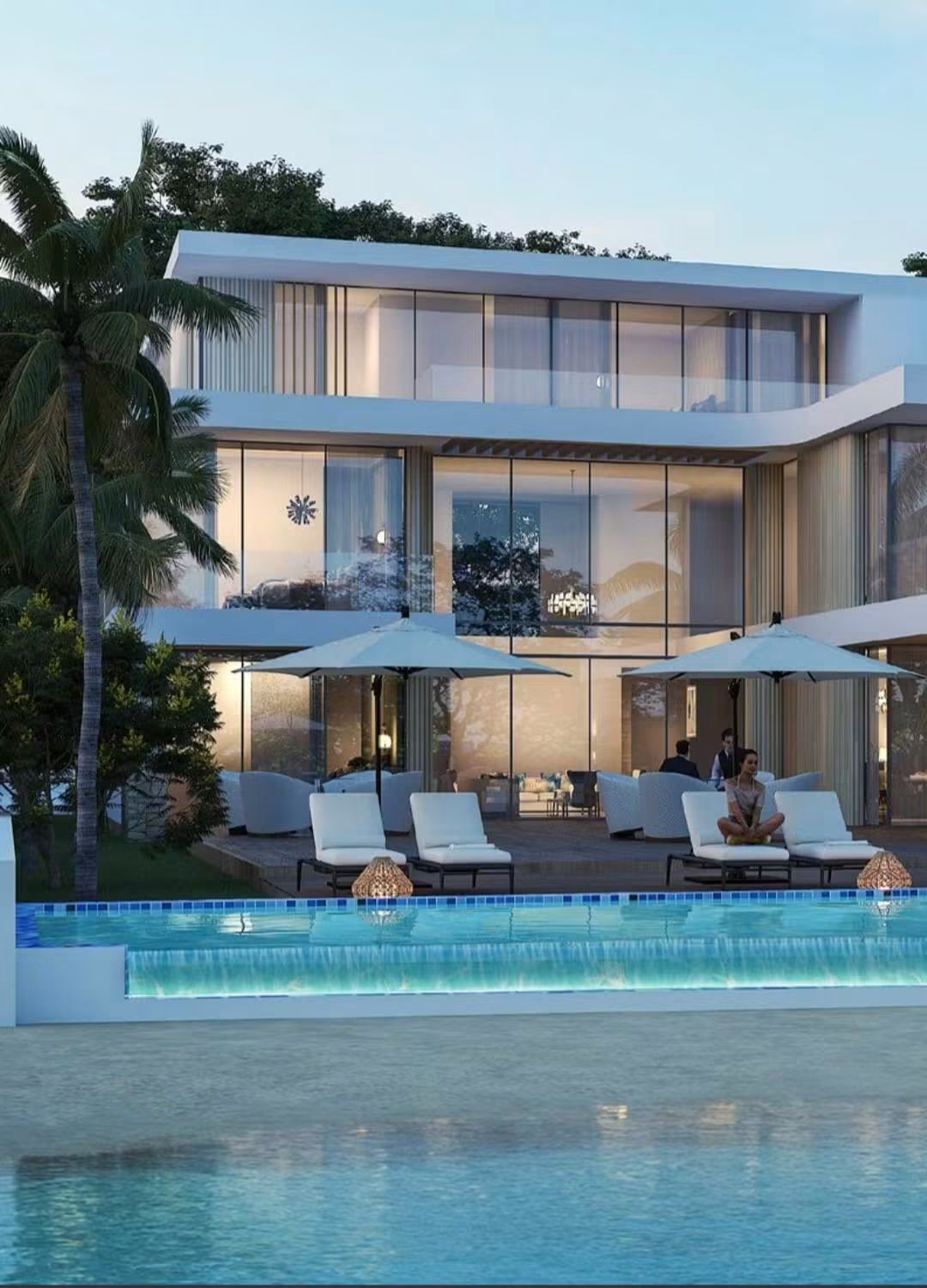 Luxury villa terrace at dusk